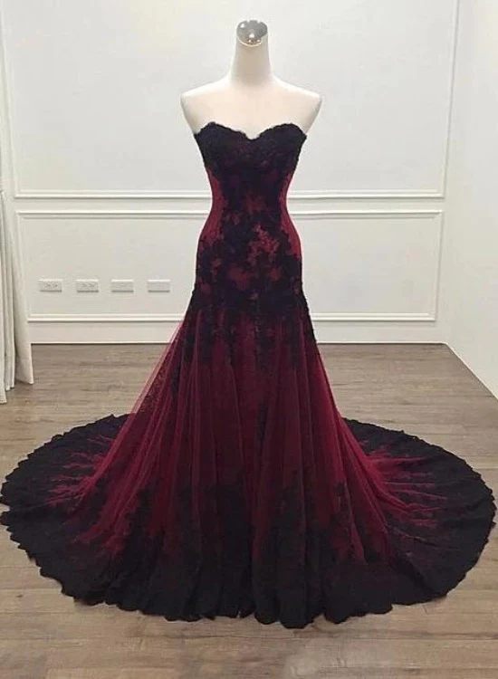 Burgundy Sweetheart Tulle Lace Evening Gown Long Formal Party Dress, DP2078