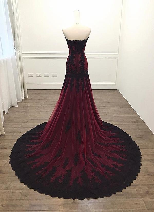 Burgundy Sweetheart Tulle Lace Evening Gown Long Formal Party Dress, DP2078