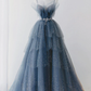 Blue Shiny Tulle Layers Straps Beaded Long Prom Dress A-Line Evening Gown, DP2079