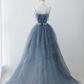 Blue Shiny Tulle Layers Straps Beaded Long Prom Dress A-Line Evening Gown, DP2079