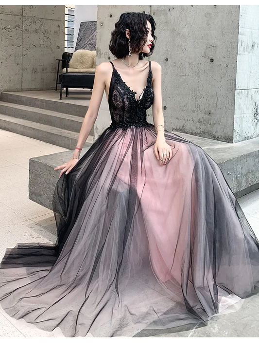 Pink Tulle V-Neck Applique Long Party Dress Evening Gown, DP2080