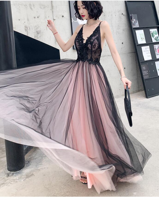 Pink Tulle V-Neck Applique Long Party Dress Evening Gown, DP2080