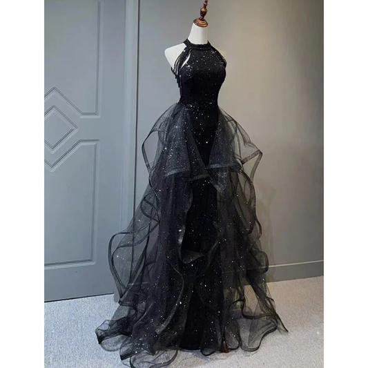 Shiny Black Halter Tulle Long Party Dress Evening Gown, DP2081