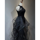 Shiny Black Halter Tulle Long Party Dress Evening Gown, DP2081