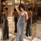 Silver V Neck Backless Chic Long Party Dress, DP2084