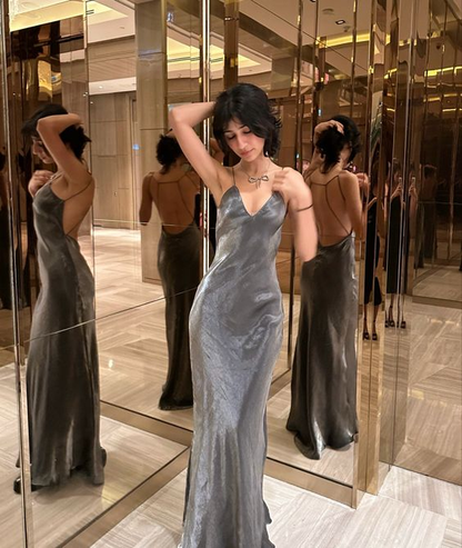 Silver V Neck Backless Chic Long Party Dress, DP2084