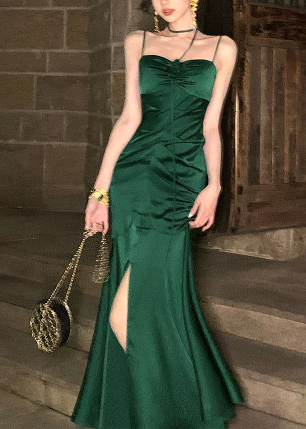 Green Spaghetti Straps Mermaid Satin Long Party Dress, DP2086