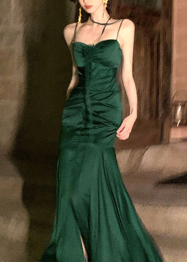 Green Spaghetti Straps Mermaid Satin Long Party Dress, DP2086