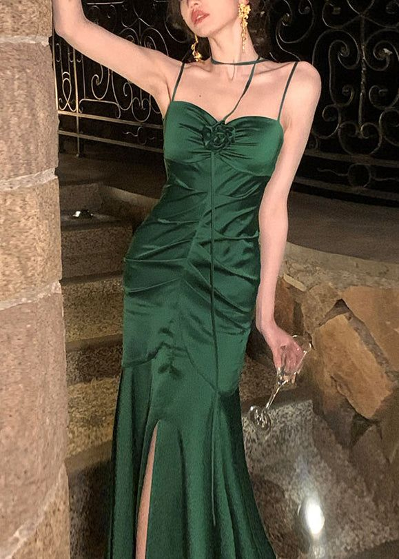 Green Spaghetti Straps Mermaid Satin Long Party Dress, DP2086