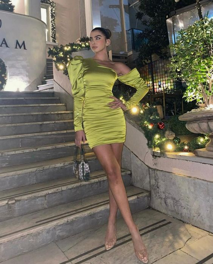 Green Long Sleeves Satin Short Party Dress, DP2089