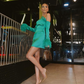 Green Long Sleeves Satin Short Party Dress with Feather, DP2090