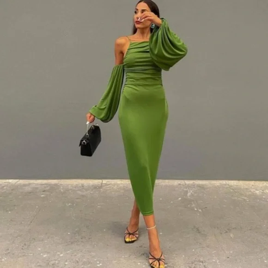 Green Straps Long Sleeves Sheath Long Party Dress, DP2093