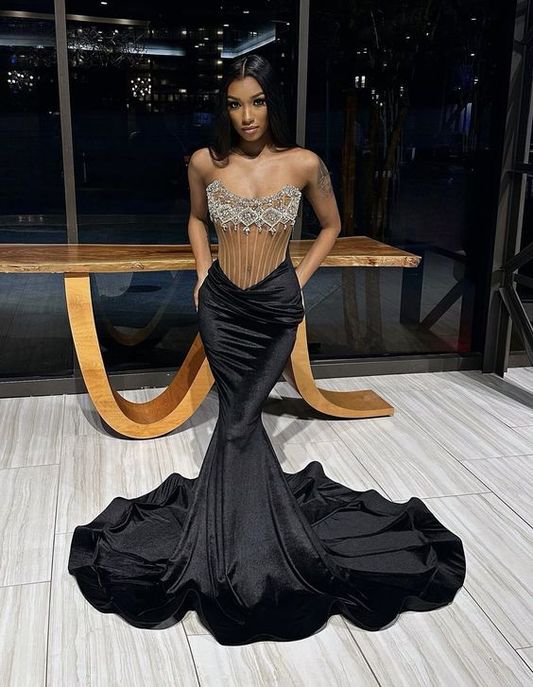 Black Strapless Mermaid Beading Black Girl Long Prom Dress, DP2101