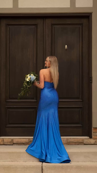 Royal Blue Strapless Elegant Long Prom Dress with Slit, DP2103