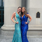 Peacock Blue Elegant V Neck Sequins Mermaid Long Prom Dress, DP2104