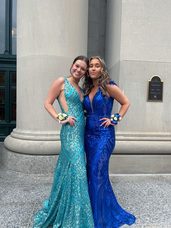 Peacock Blue Elegant V Neck Sequins Mermaid Long Prom Dress, DP2104