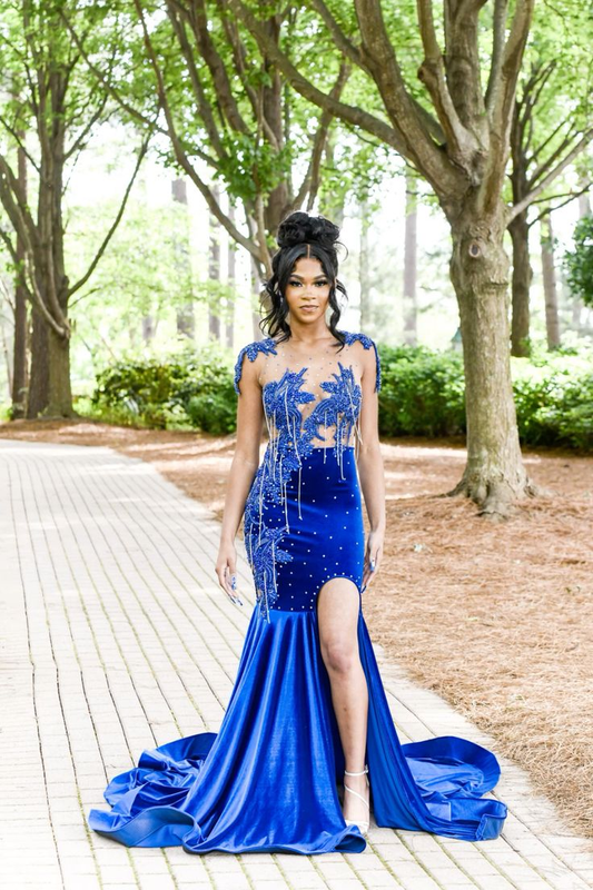 Royal Blue Velvet Appliques Beading Mermaid Long Prom Dress, DP2105