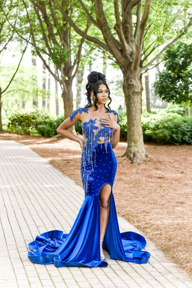 Royal Blue Velvet Appliques Beading Mermaid Long Prom Dress, DP2105