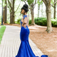 Royal Blue Velvet Appliques Beading Mermaid Long Prom Dress, DP2105