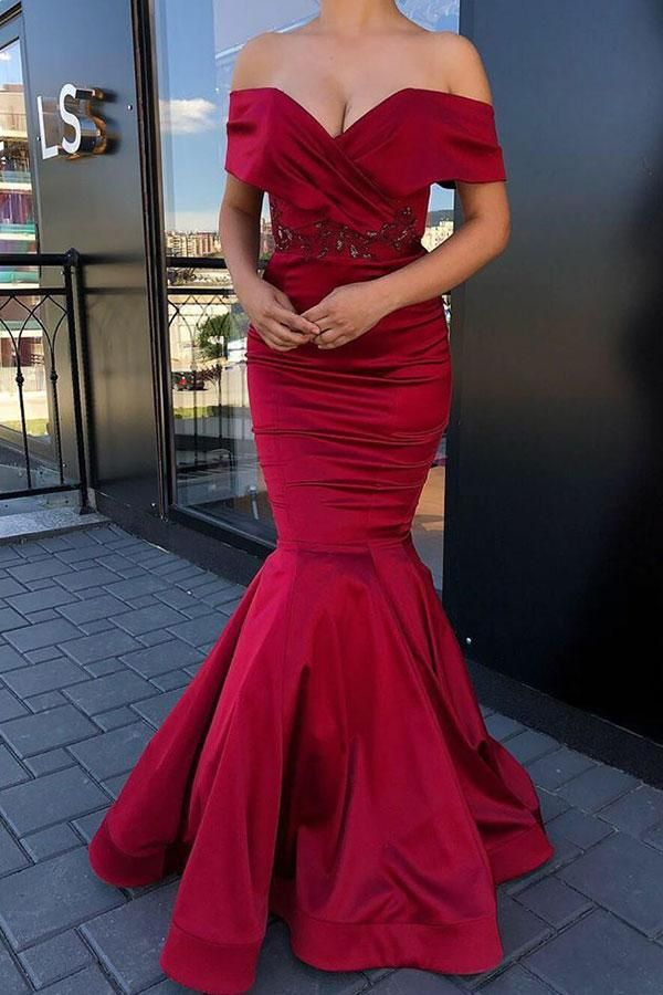 Elegant Burgundy Off Shoulder Mermaid Formal Party Dress, DP2108