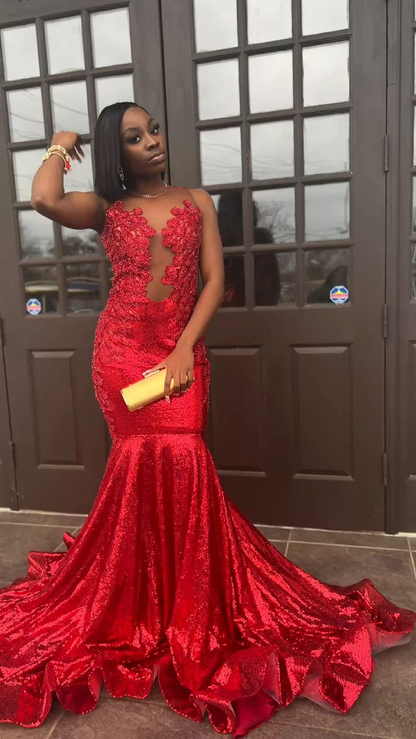 Red Mermaid Appliques Black Girl Long Prom Dress, DP2109