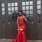 Red Mermaid Appliques Black Girl Long Prom Dress, DP2109