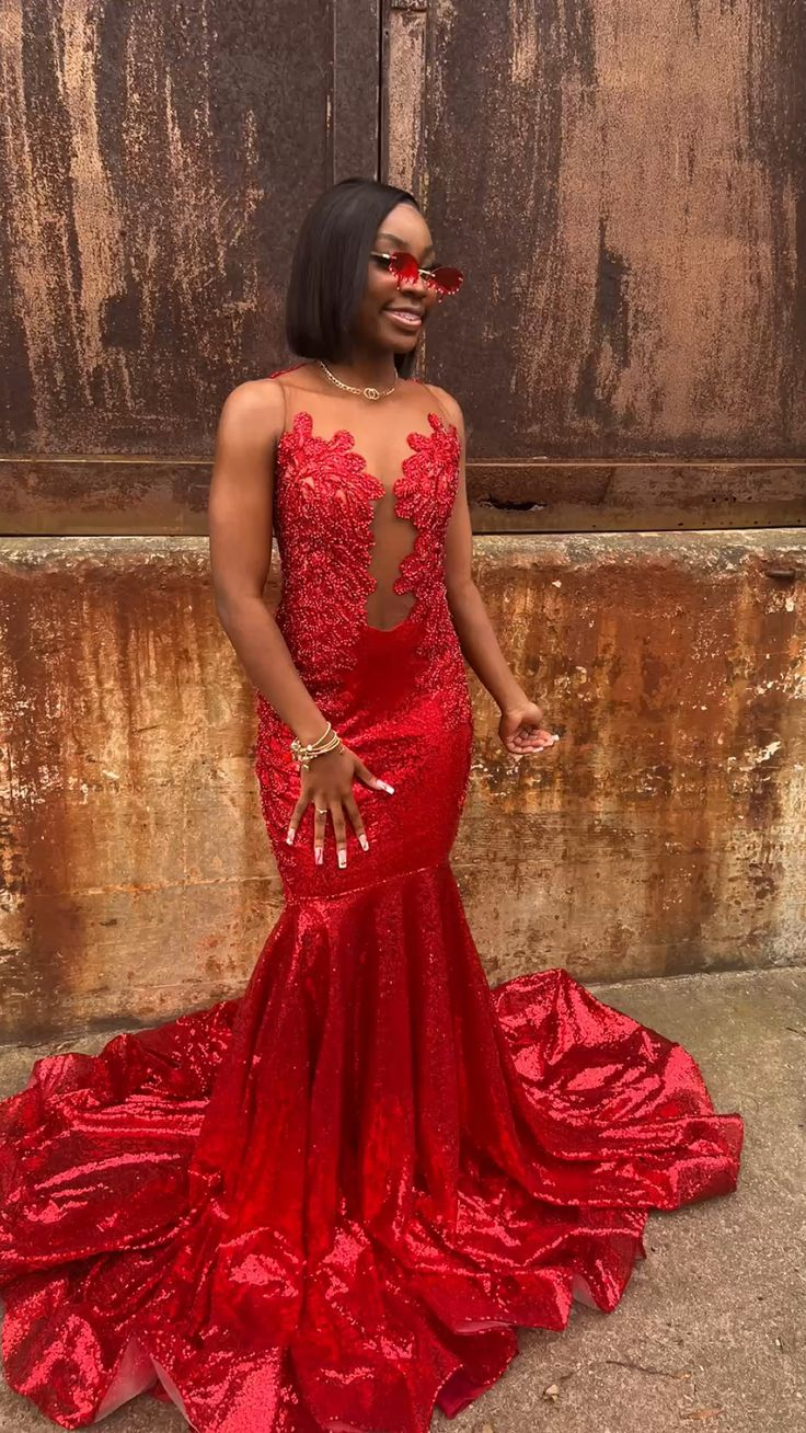 Red Mermaid Appliques Black Girl Long Prom Dress, DP2109