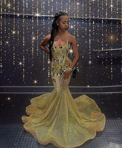 Yellow Strapless Beading Mirror Mermaid Black Girl Evening Dress, DP2115