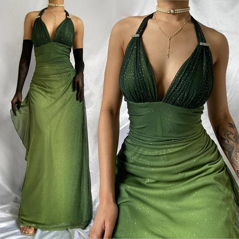 Green V Neck Halter Shiny Vintage Long Prom Dress, DP2117