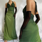 Green V Neck Halter Shiny Vintage Long Prom Dress, DP2117