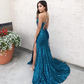 Blue Sequins Mermaid Long Party Dress with Slit, DP2128