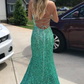 Green Sequins Mermaid Long Party Dress with Slit, DP2134