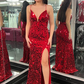 Red V Neck Straps Sequins Mermaid Long Prom Dress with Slit, DP2136