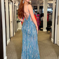 Blue Sequins Mermaid V Neck Long Prom Dress with Slit, DP2139