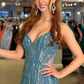 Blue Sequins Mermaid V Neck Long Prom Dress with Slit, DP2139