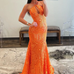 Orange Halter Keyhole Sequins Mermaid Long Prom Dress, DP2140