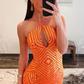 Orange Halter Keyhole Sequins Mermaid Long Prom Dress, DP2140