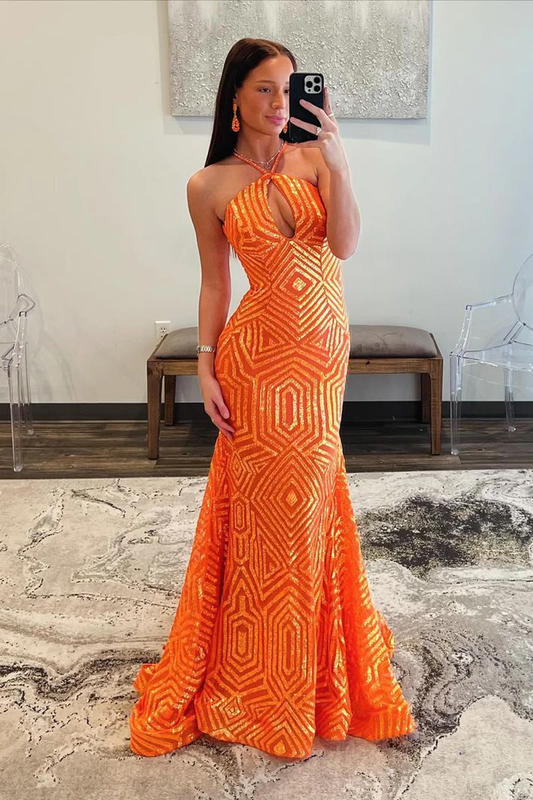 Orange Halter Keyhole Sequins Mermaid Long Prom Dress, DP2140