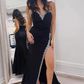 Black Sweetheart Satin Beaded Mermaid Long Prom Dress with Slit, DP2144