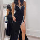 Black Sweetheart Satin Beaded Mermaid Long Prom Dress with Slit, DP2144