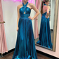 Blue Halter Keyhole Pleated Satin A-Line Long Prom Dress, DP2143