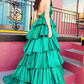 Green A-Line Halter Ruffle Satin Layers Long Prom Dress, DP2146