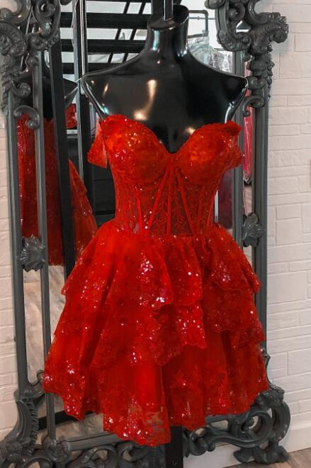 Red Straps Sequined Layers Short Prom Dress Homecoming Dress, DP2162