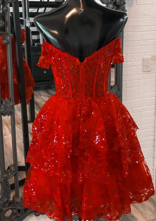 Red Straps Sequined Layers Short Prom Dress Homecoming Dress, DP2162