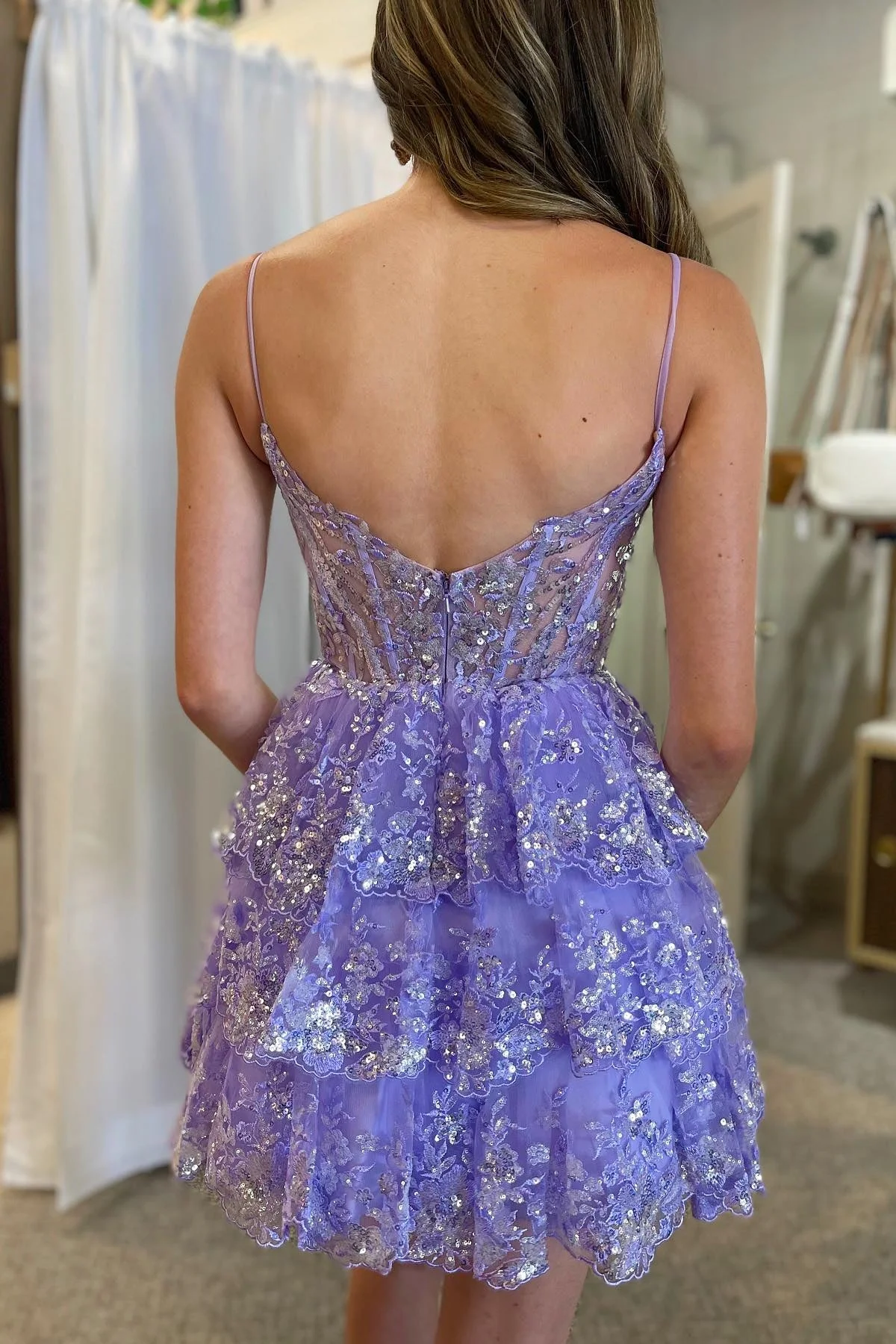 Lavender Short Prom Dress Sequined Multi-Layers Tulle Homecoming Dress, DP2164