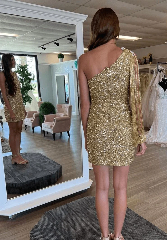 Gold One Shoulder Sequins Shiny Party Dress Homecoming Dress, DP2165