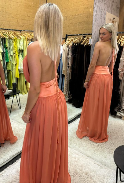 Coral Halter Backless A-Line Long Party Dress, DP2176