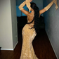 Shiny Gold Halter Mermaid Sequins Long Prom Dress, DP2178