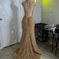 Shiny Gold Halter Mermaid Sequins Long Prom Dress, DP2178