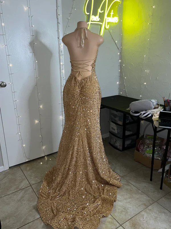 Shiny Gold Halter Mermaid Sequins Long Prom Dress, DP2178